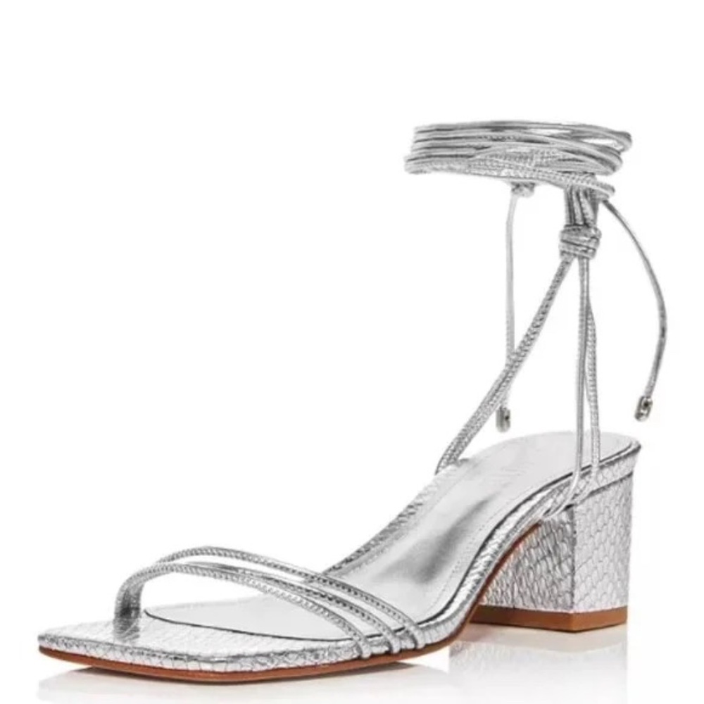 New! Schutz Square Toe Wrap Heeled Sandal in Metallic Silver